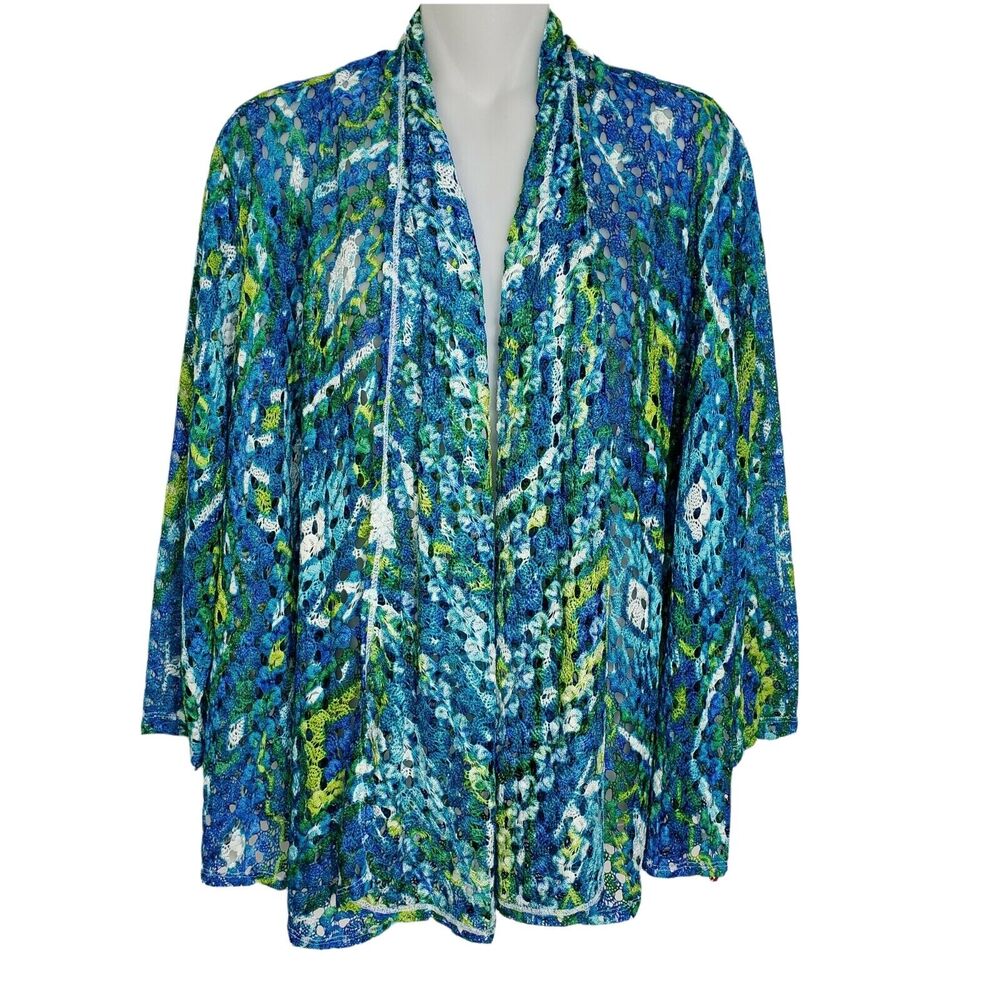 Ruby Rd Womens Cardigan Medium Open Front Teal Multi Colored Crochet Open Knit